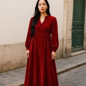 Vintage Handmade Size 6-8 Red Crushed Velvet Maxi Dress Waist Side Zipper